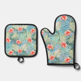 Tropische Aloha Pink Hibiscus bloemen Ovenwant & Pannenlap Set