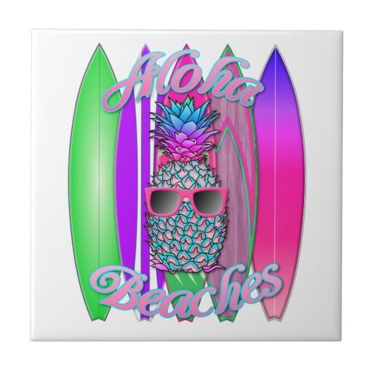 Tropische Aloha strandt vun Surfende ananas Tegeltje (Voorkant)