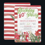 Tropische amaryllis Striped 80th Birthday Party Kaart<br><div class="desc">In schaduwen van donkere koraal en populaire groene groenen is dit tropische thema,  botanische uitnodiging voor een tachtigjarig verjaardagsfeest geweldig voor lente- of zomerfeesten. Biedt onregelmatige dubbele donkere koraal- en witte strepen met  floralen zoals amarylis en lily. Oorspronkelijk ontwerp van de Vakantische Design (met  beelden).</div>