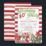 Tropische amaryllis Striped 80th Birthday Party Kaart<br><div class="desc">In schaduwen van donkere koraal en populaire groene groenen is dit tropische thema,  botanische uitnodiging voor een tachtigjarig verjaardagsfeest geweldig voor lente- of zomerfeesten. Biedt onregelmatige dubbele donkere koraal- en witte strepen met  floralen zoals amarylis en lily. Oorspronkelijk ontwerp van de Vakantische Design (met  beelden).</div>
