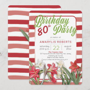 Tropische amaryllis Striped 80th Birthday Party Kaart