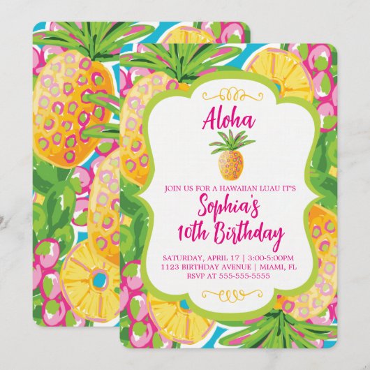 Tropische anananas Birthday Invitation Kaart (Voorkant / Achterkant)