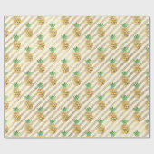 Tropische anananas bladgroene gouden strepen wit cadeaupapier (Vlak)