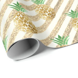 Tropische anananas bladgroene gouden strepen wit cadeaupapier