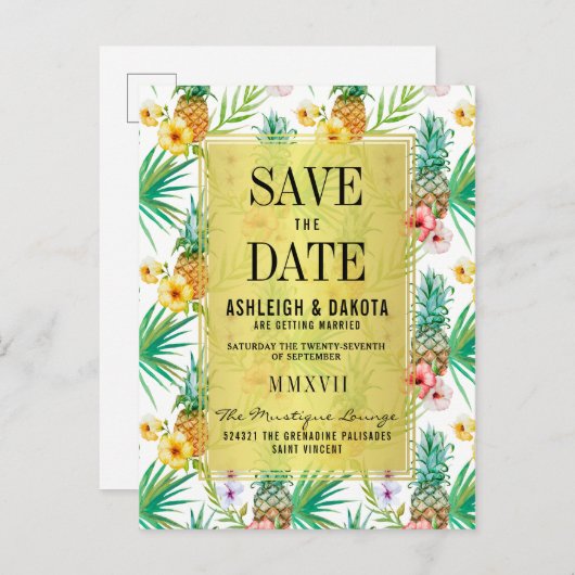 Tropische anananas en hibiscus bewaar de datum uitnodiging briefkaart (Voorkant / Achterkant)