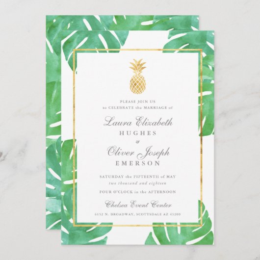 Tropische anananas Gold Wedding Invitations Kaart (Voorkant / Achterkant)