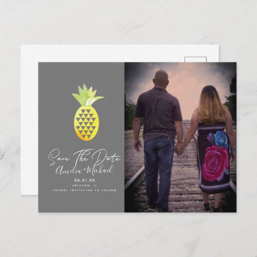Tropische anananas grijs sparen de Datum Foto Briefkaart (Voorkant / Achterkant)