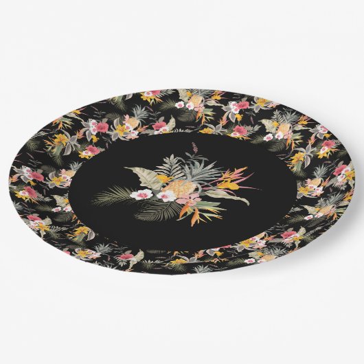 Tropische anananas Hibiscus Foliage op zwart Papieren Bordje (Gekanteld)
