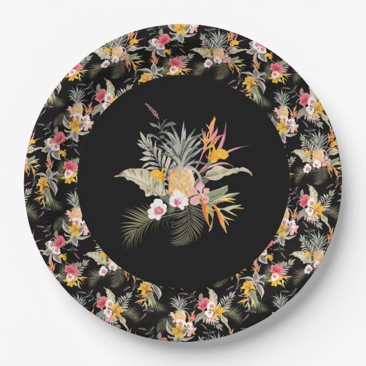 Tropische anananas Hibiscus Foliage op zwart Papieren Bordje (Voorkant)