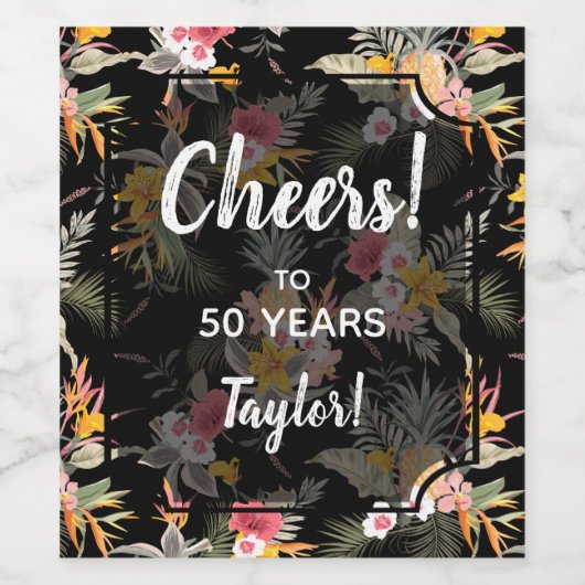 Tropische anananas Hibiscus Foliage op zwart Wijn Etiket (Enkel label)