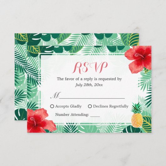 Tropische anananas Hibiscus Leaves RSVP Response (Voorkant / Achterkant)