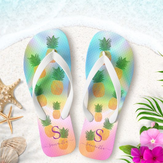 Tropische anananas Monogrammed Holographic Summer Teenslippers