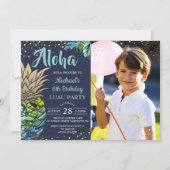 Tropische anananas Navy Blue Luau Birthday Foto Kaart (Voorkant)