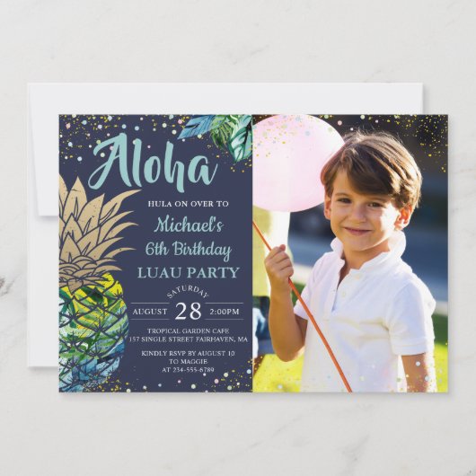 Tropische anananas Navy Blue Luau Birthday Foto Kaart (Voorkant)