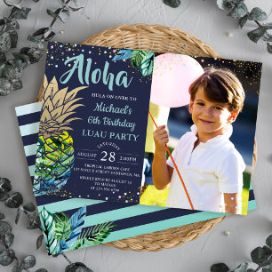 Tropische anananas Navy Blue Luau Birthday Foto Kaart