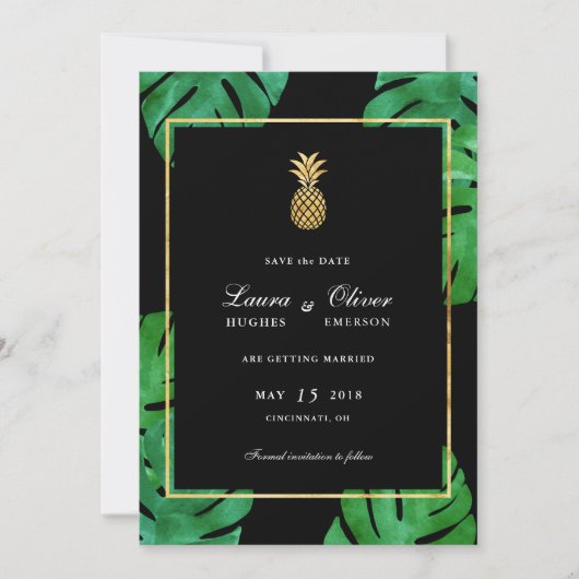 Tropische anananas Save the Date, Black and Gold Date (Voorkant)
