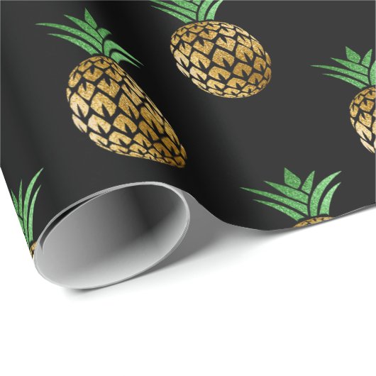 Tropische anananasappelvruchten groen zwart goud cadeaupapier (Rol Hoek)