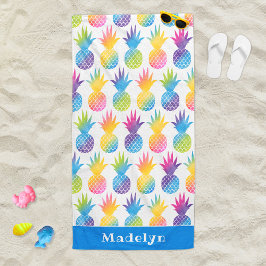 Tropische anananasblauwe Waterverf Aangepaste naam Strandlaken