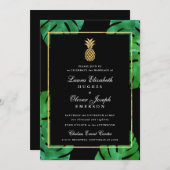 Tropische anananasbruiloft uitnodiging zwart & gou (Voorkant / Achterkant)