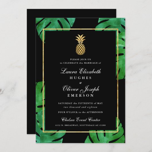 Tropische anananasbruiloft uitnodiging zwart & gou (Voorkant / Achterkant)