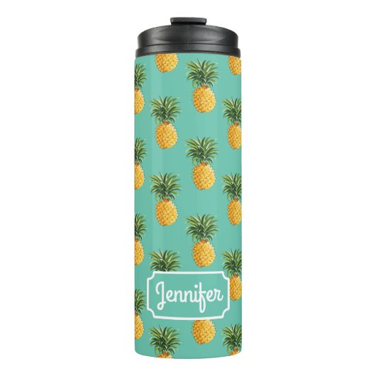Tropische anananassen op Blauwgroen | Jouw namen t Thermosbeker (Voorkant)