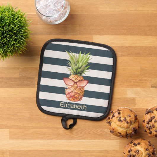 Tropische anananassenmarineblauw Stripes Pannenlap (Top down)