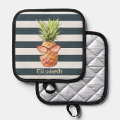 Tropische anananassenmarineblauw Stripes Pannenlap (Voorkant / Achterkant)