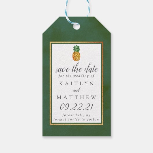 Tropische anananassetbruiloft bespaart de datum cadeaulabel (Voorkant)