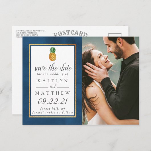 Tropische anananassetbruiloft bespaart de datum va aankondigingskaart (Voorkant / Achterkant)