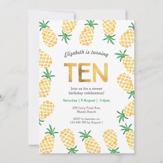 Tropische ananas 10e verjaardag uitnodiging (Voorkant)