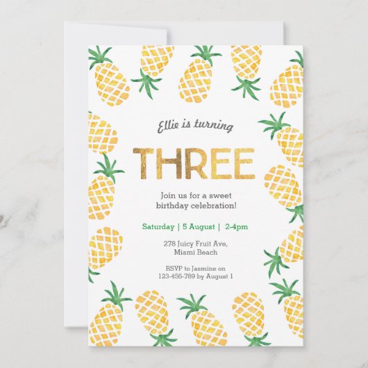 Tropische ananas 3e verjaardag uitnodiging (Voorkant)