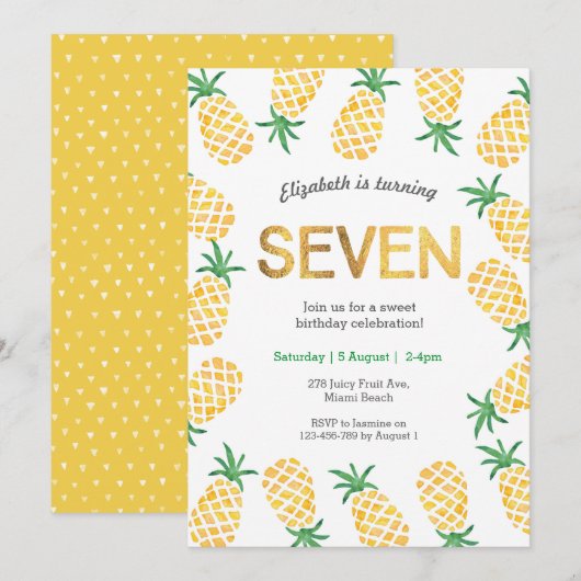 Tropische ananas 7e verjaardag uitnodiging (Voorkant / Achterkant)