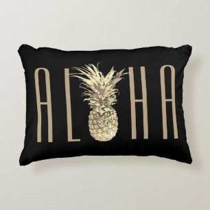 Tropische Ananas Aloha Gold Typografie Zwart Accent Kussen