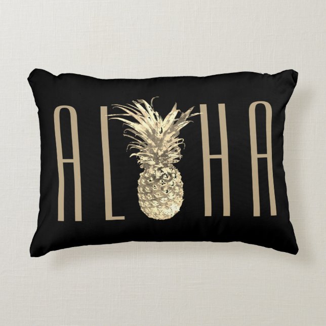 Tropische Ananas Aloha Gold Typografie Zwart Accent Kussen (Voorkant)