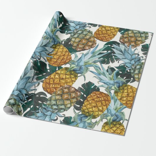 Tropische Ananas & Bladeren Exotisch Verjaardagsfe Cadeaupapier (Uitgerold)