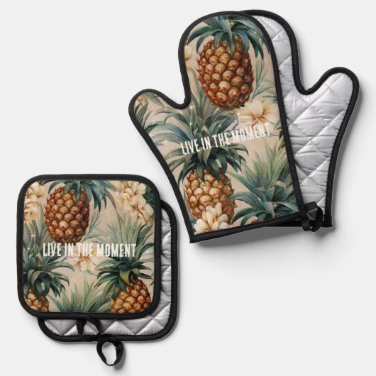 Tropische Ananas Bloem Ovenwant & Pannenlap Set (Voorkant / Achterkant)