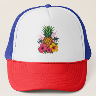 Tropische Ananas Bloem Trucker Hoed Rood Wit Pet