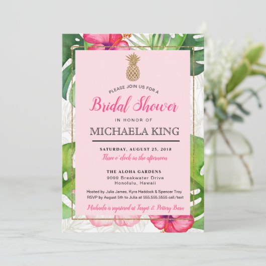 Tropische Ananas Bruids Douche Uitnodiging, Pinks Kaart (Staand voorkant)