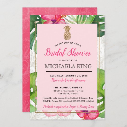 Tropische Ananas Bruids Douche Uitnodiging, Pinks Kaart (Voorkant / Achterkant)