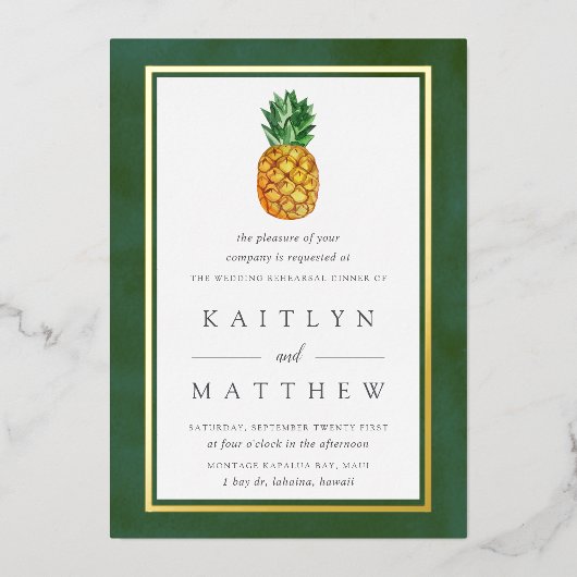 Tropische ananas bruiloft repetitie diner echt folie uitnodiging (Voorkant)