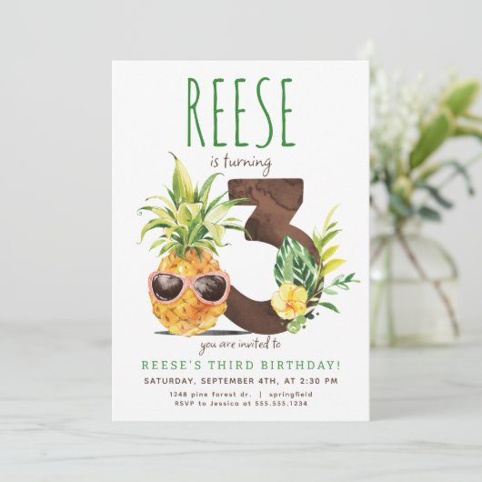 Tropische ananas derde verjaardag uitnodiging (Staand voorkant)