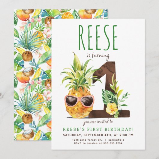 Tropische Ananas Eerste Verjaardag Uitnodiging (Voorkant / Achterkant)