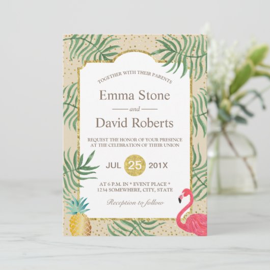 Tropische ananas en flamingo Summer Beach Wedding Kaart (Staand voorkant)