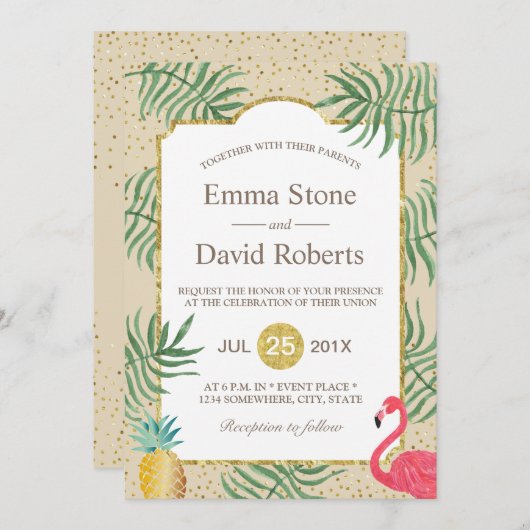 Tropische ananas en flamingo Summer Beach Wedding Kaart (Voorkant / Achterkant)