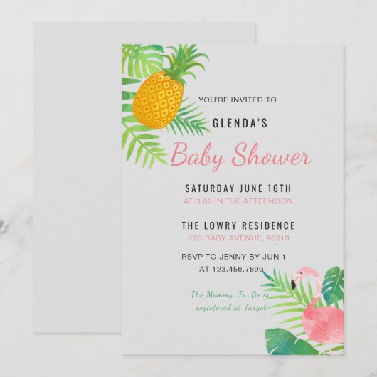 Tropische Ananas Flamingo Baby shower uitnodiging (Voorkant / Achterkant)