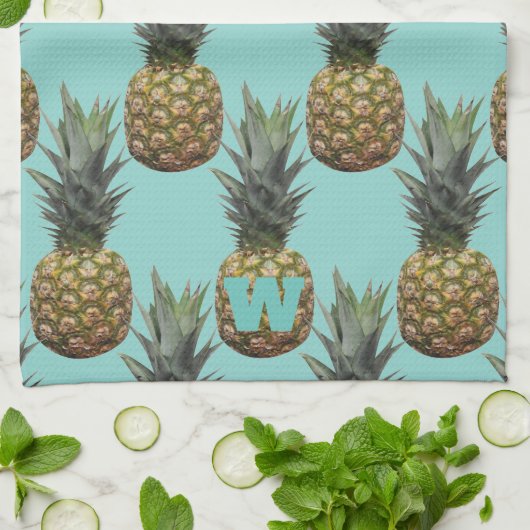 Tropische ananas fruit Monogram keukenhanddoek (Gevouwen)