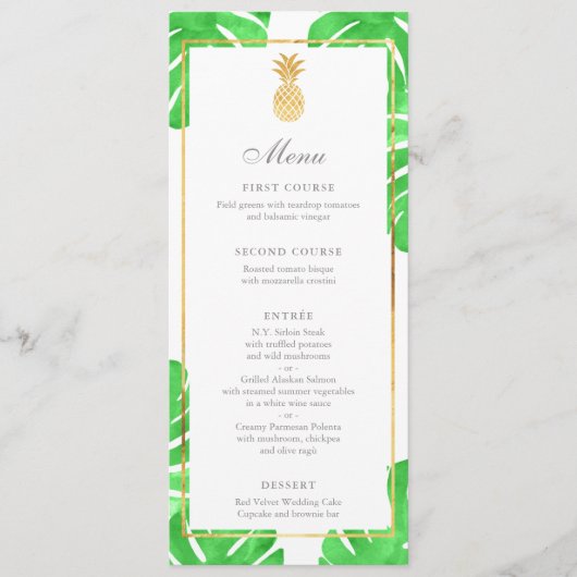 Tropische Ananas Goud & Groen Wedding Menu (Voorkant)