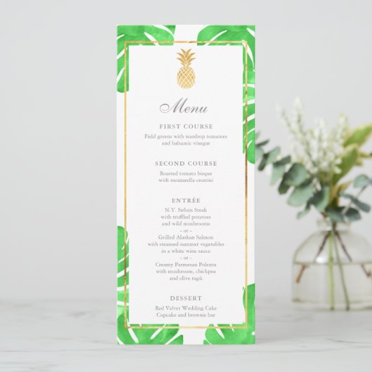 Tropische Ananas Goud & Groen Wedding Menu (Staand voorkant)