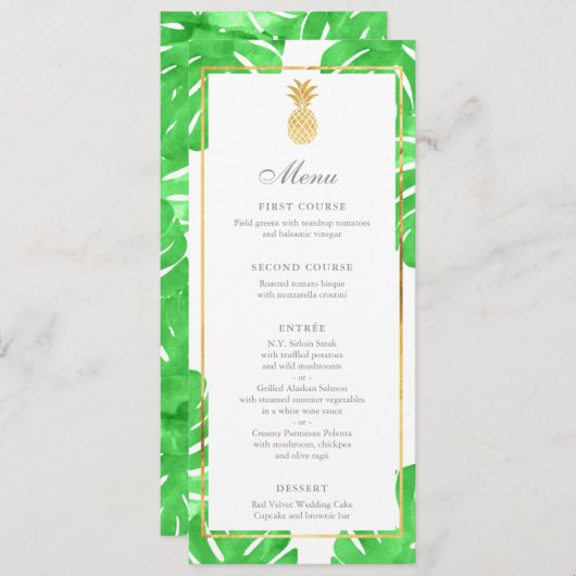 Tropische Ananas Goud & Groen Wedding Menu (Voorkant / Achterkant)