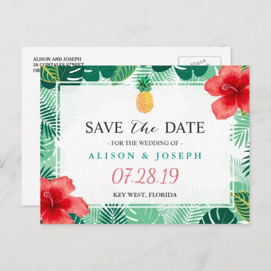 Tropische Ananas Hawaiian Hibiscus Bewaar de datum Aankondigingskaart (Voorkant / Achterkant)